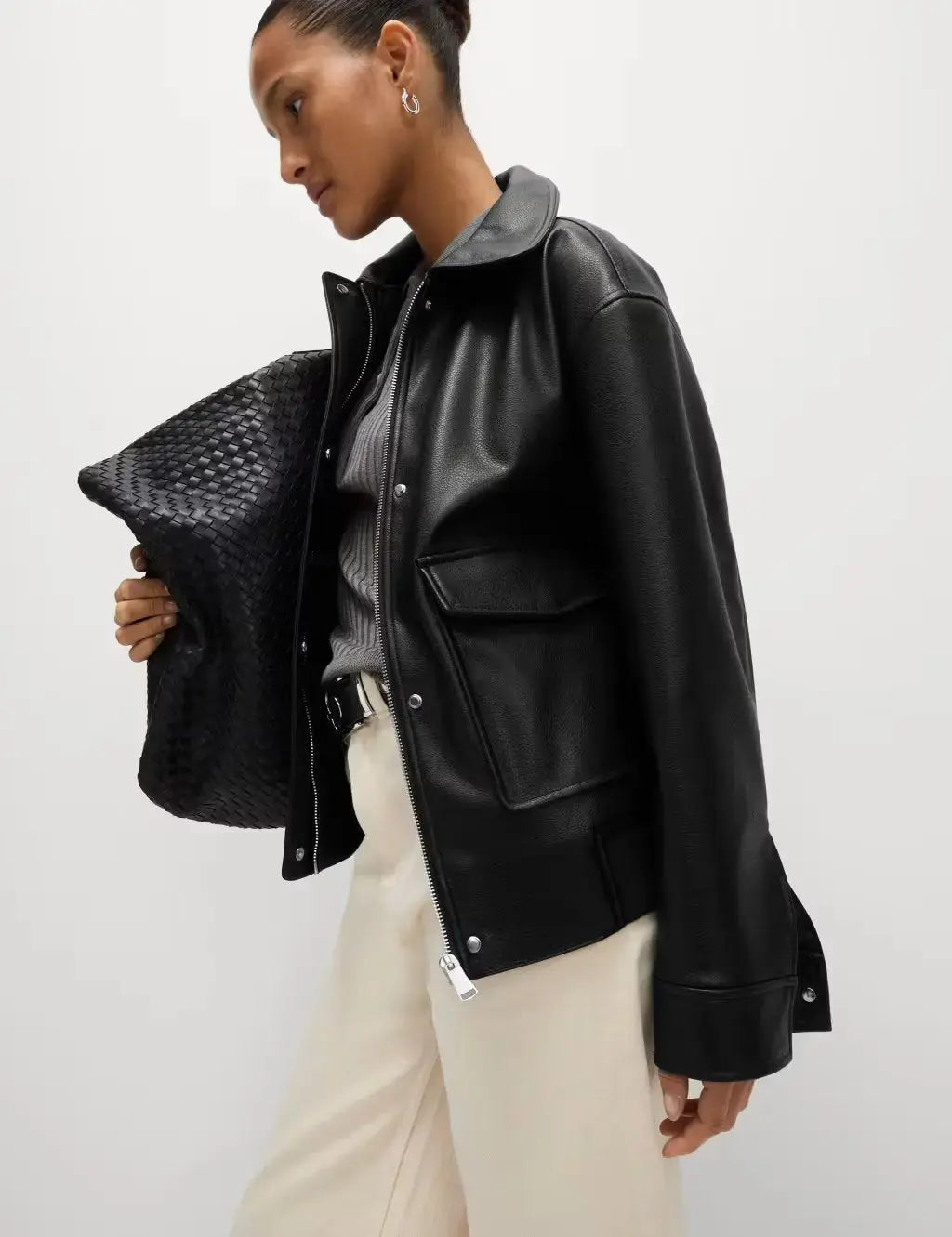 Faux Leather Relaxed Fit Jacket  Adomoo