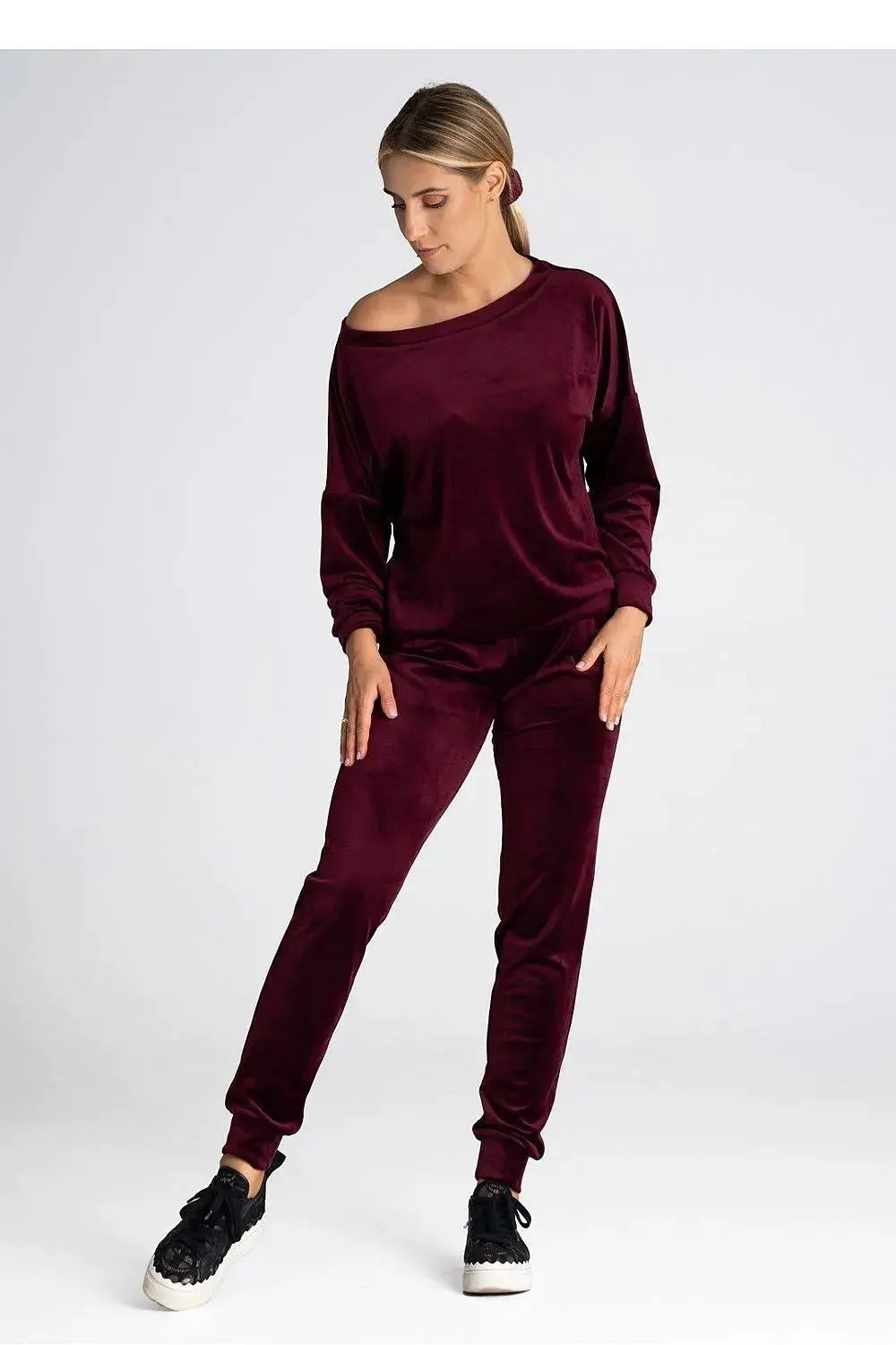 Figl elastic waistband velour pants  Adomoo