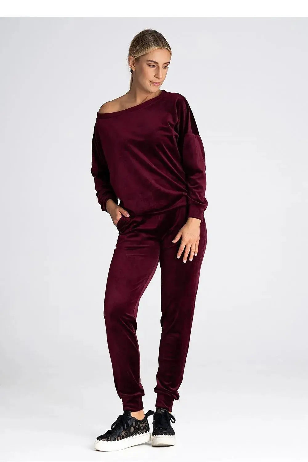 Figl elastic waistband velour pants  Adomoo