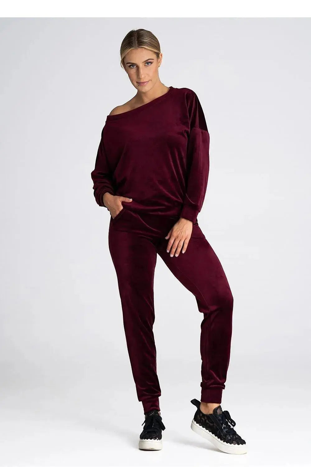 Figl elastic waistband velour pants  Adomoo