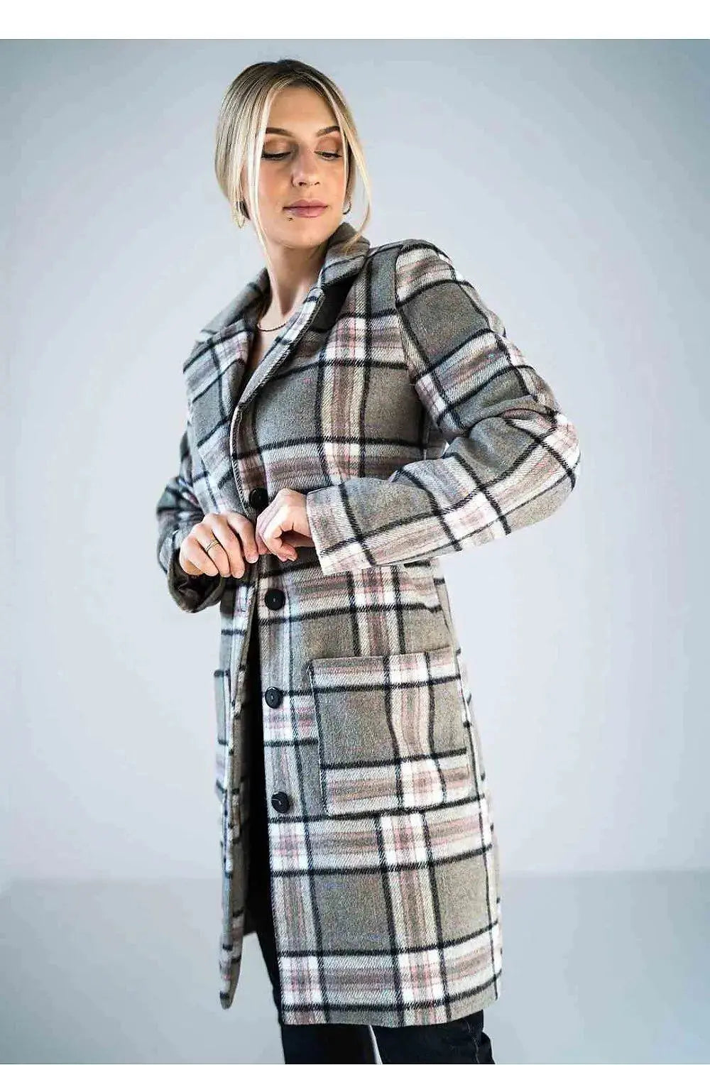 Figl simple knee-length checked coat  Adomoo