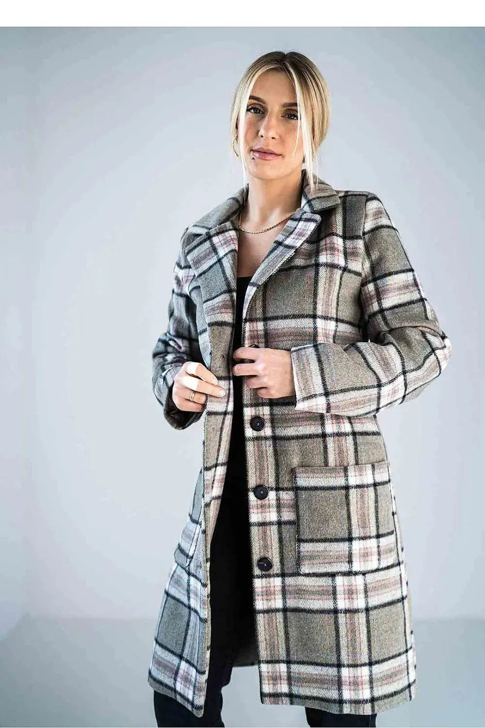 Figl simple knee-length checked coat  Adomoo