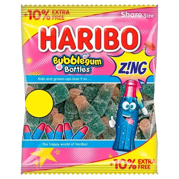 HARIBO Bubblegum Bottles Zing Jelly & Fizzy Sweets Sharing Bag 154g (Case of 12)  Adomoo