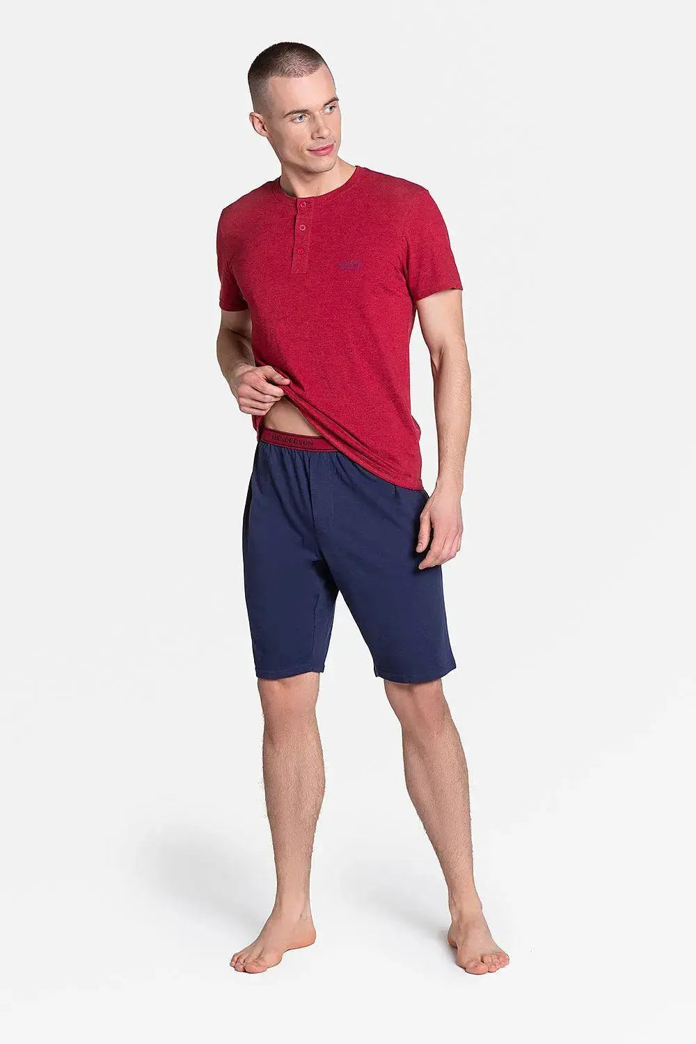 Henderson red and navy blue neck shirt and knee-length pants men's pajamas  Adomoo