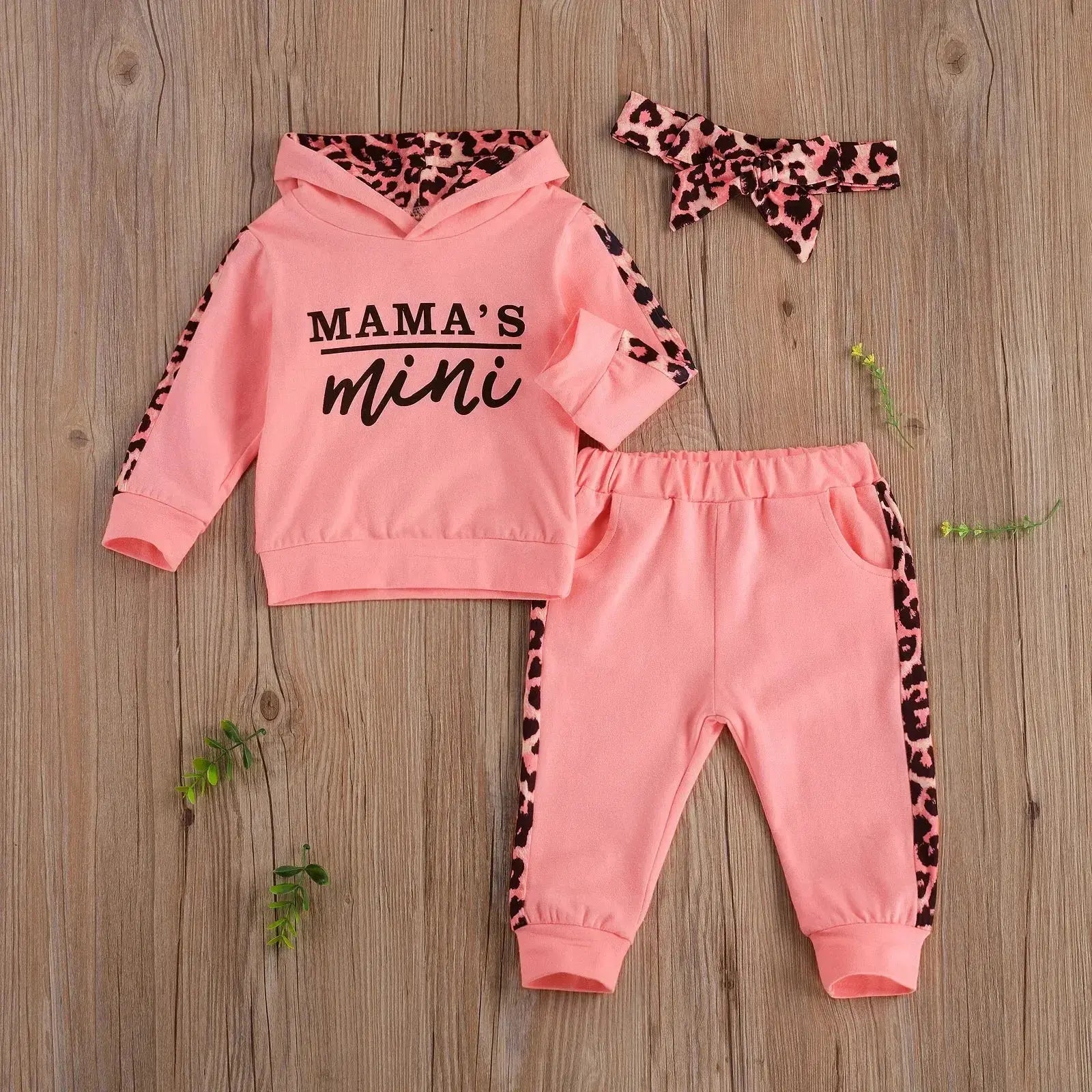 Infant Baby Girl 3-Piece Outfit Set - Hooded T-shirt, Long Pants, and Headband - Letter Print, Leopard Stitching - Spring/Fall Clothes  Adomoo