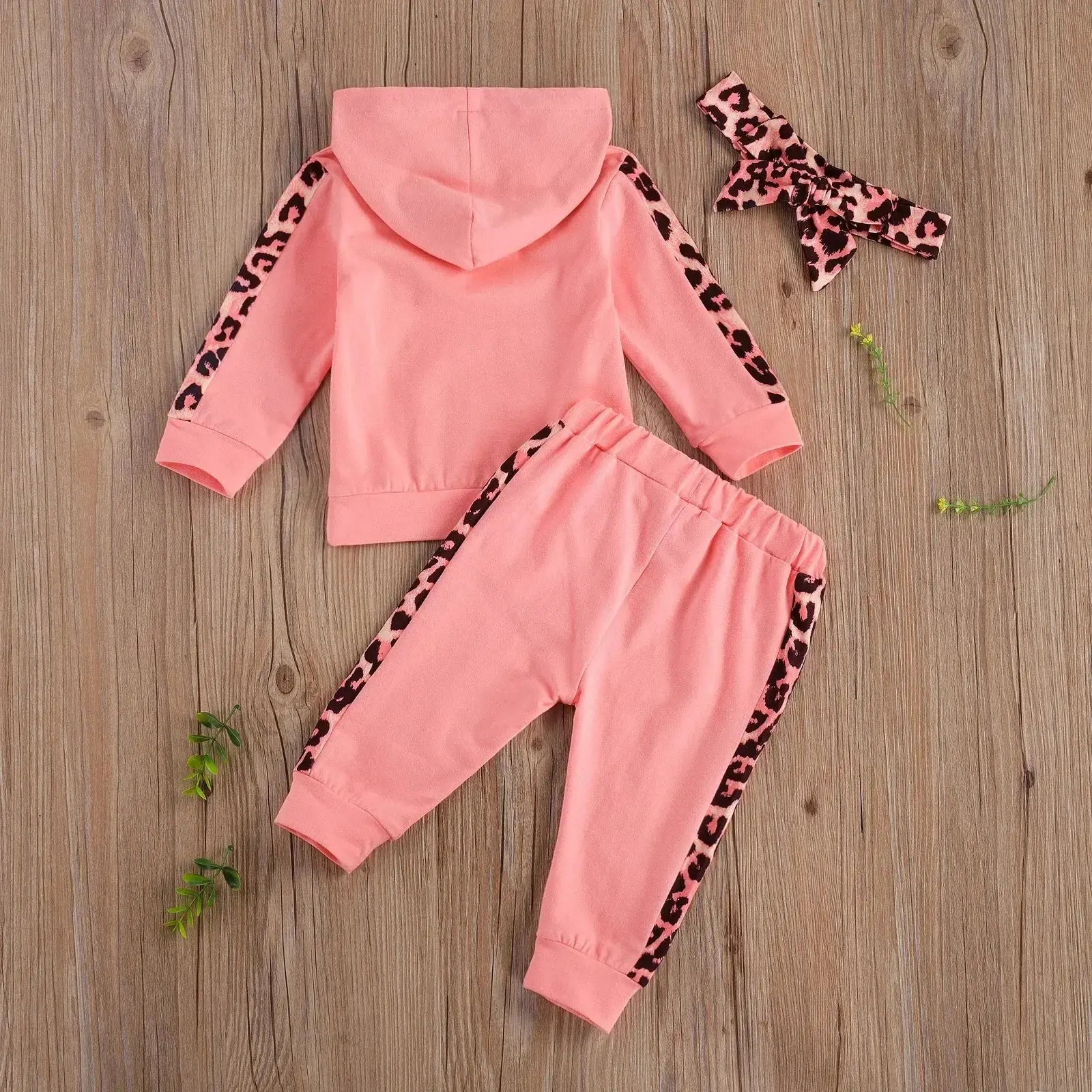 Infant Baby Girl 3-Piece Outfit Set - Hooded T-shirt, Long Pants, and Headband - Letter Print, Leopard Stitching - Spring/Fall Clothes  Adomoo