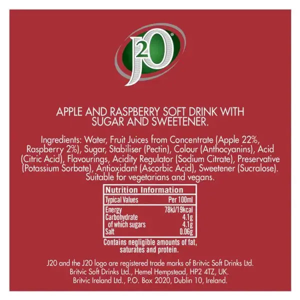 J2O Apple & Raspberry 275ml (Case of 12)  Adomoo