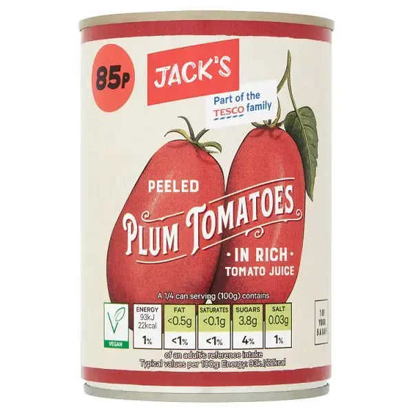 Jack's Peeled Plum Tomatoes in Rich Tomato Juice 400g (Case of 12)  Adomoo