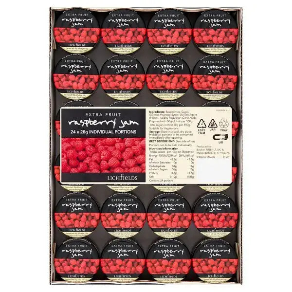 Lichfields Extra Fruit Raspberry Jam 24 x 28g  Adomoo