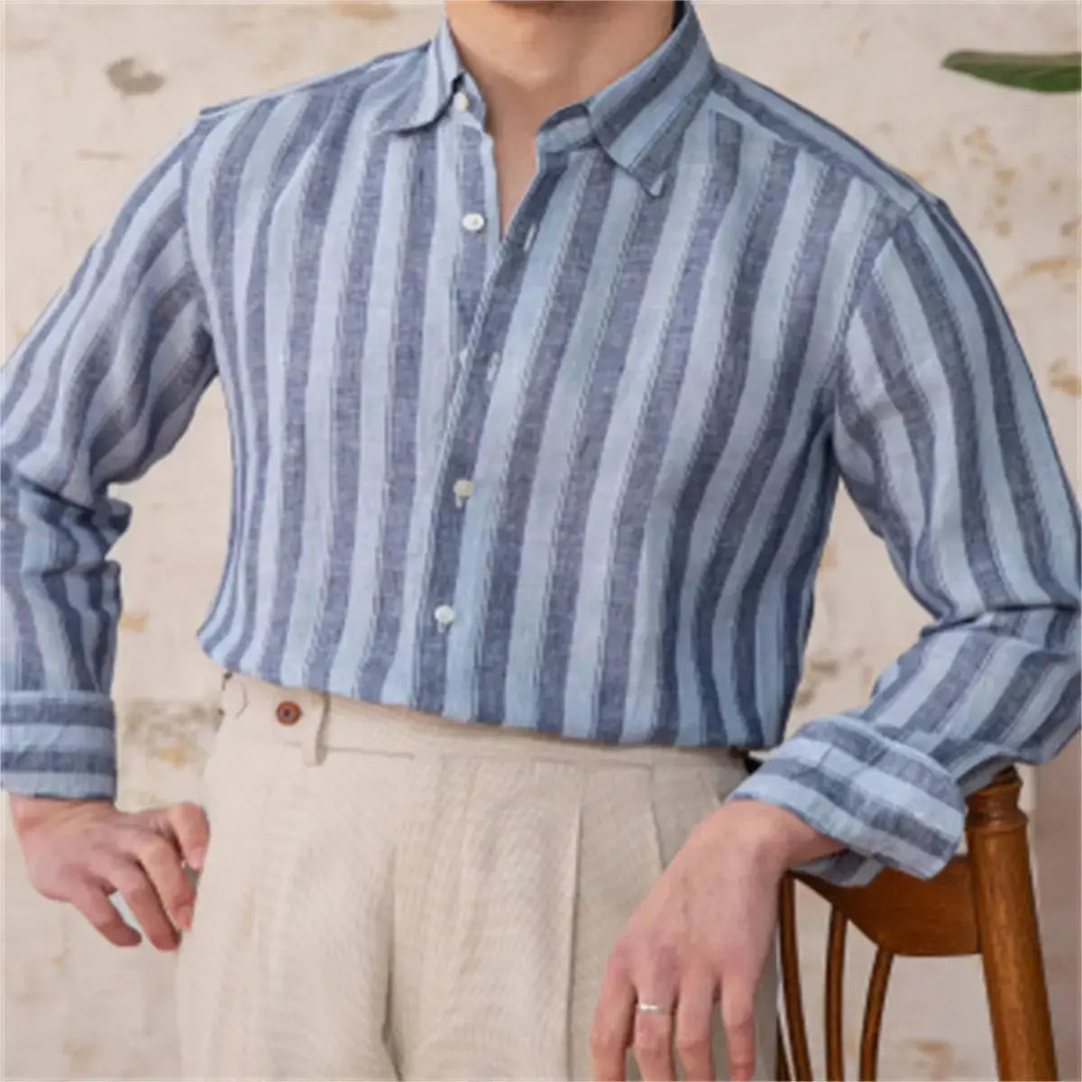 Linen Wide Striped Casual Shirt Italian Style Shirt Versatile  Adomoo