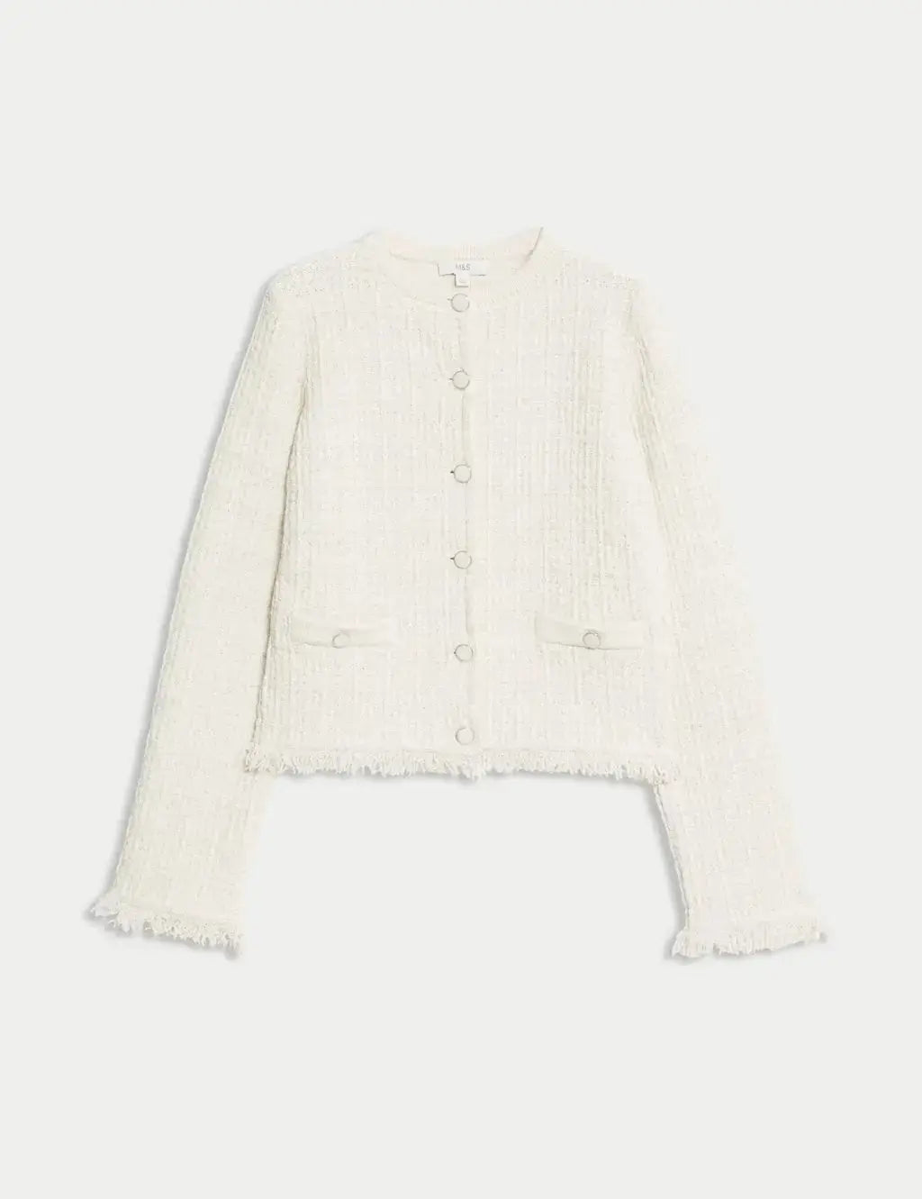 Marks and Spencer Cotton Rich Knitted Crew Neck Fringe Cardigan  Adomoo