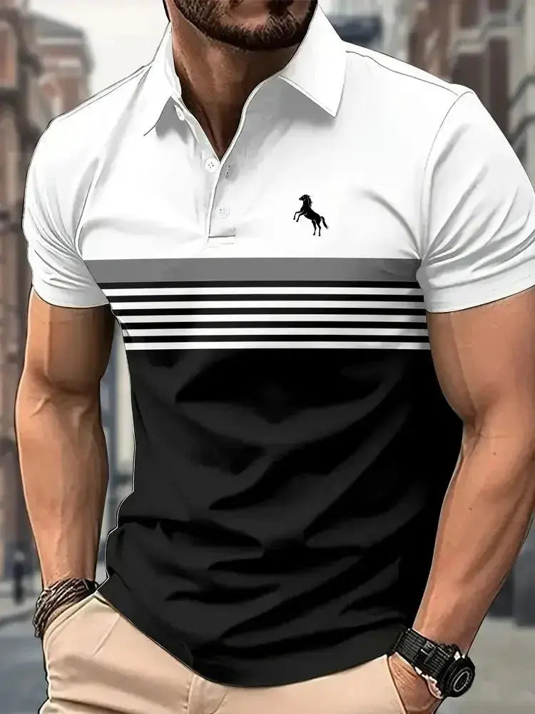 Men's 3D Horse Print Polo Shirt – Short Sleeve Striped Color Block Golf Shirt, Casual Sporty Summer Top  Adomoo