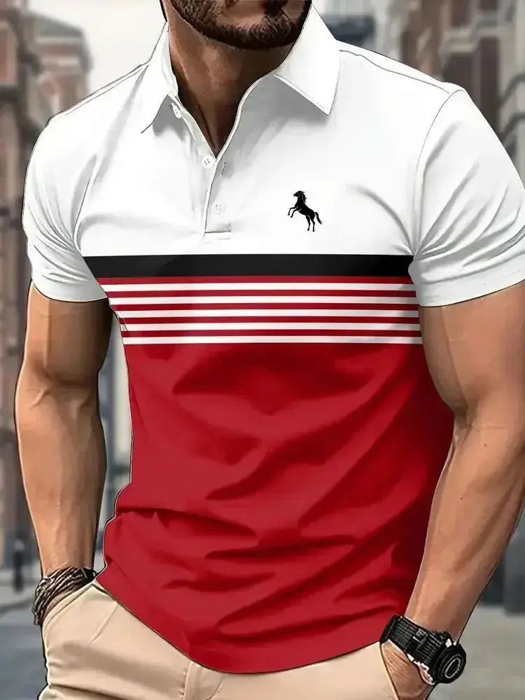 Men's 3D Horse Print Polo Shirt – Short Sleeve Striped Color Block Golf Shirt, Casual Sporty Summer Top  Adomoo