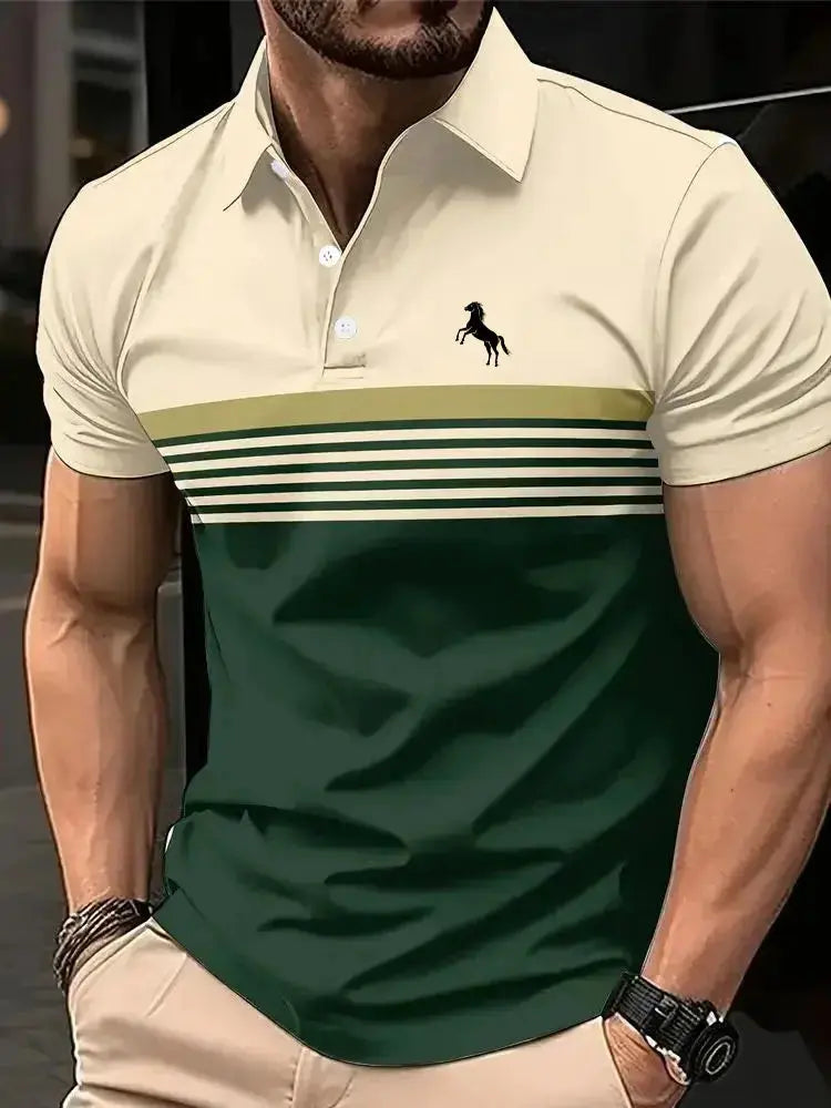 Men's 3D Horse Print Polo Shirt – Short Sleeve Striped Color Block Golf Shirt, Casual Sporty Summer Top  Adomoo