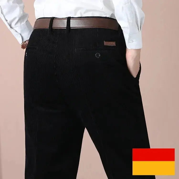Men's Autumn Corduroy Pants - Straight Fit Flat-Front Casual Chinos - Black  Adomoo