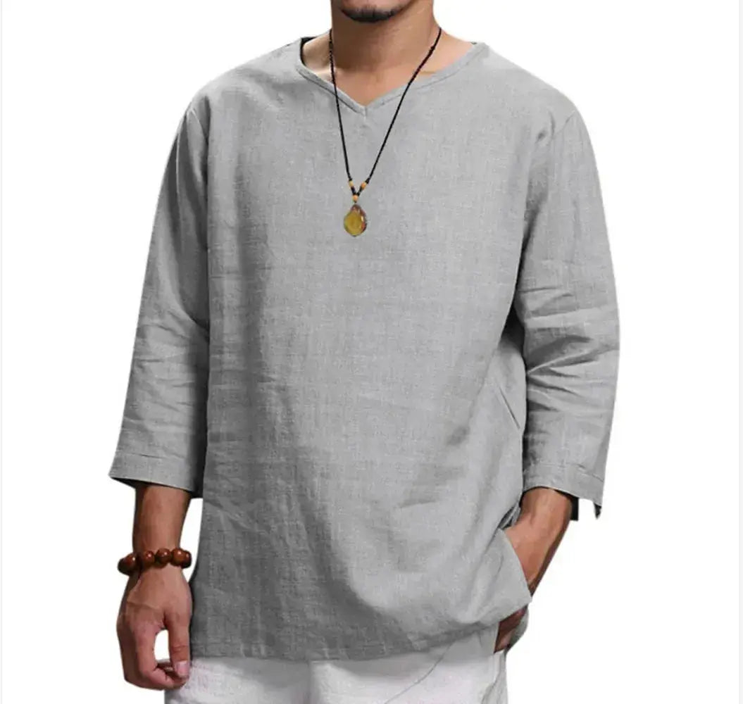 Men's New 3/4 Sleeve Loose Solid Casual Large Pullover Shirt  Adomoo