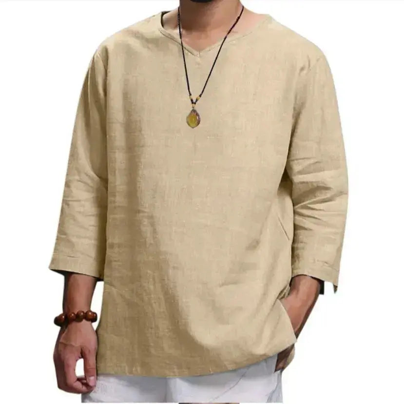 Men's New 3/4 Sleeve Loose Solid Casual Large Pullover Shirt  Adomoo