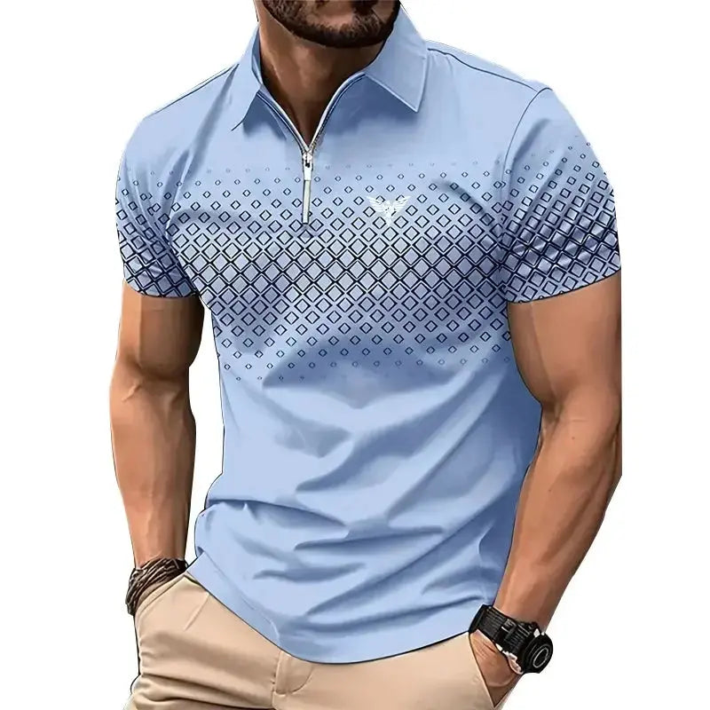 Men’s Summer Sporty Short Sleeve Polo Shirt – Casual Lapel Zipper, Printed Quick-Dry Polyester Top  Adomoo