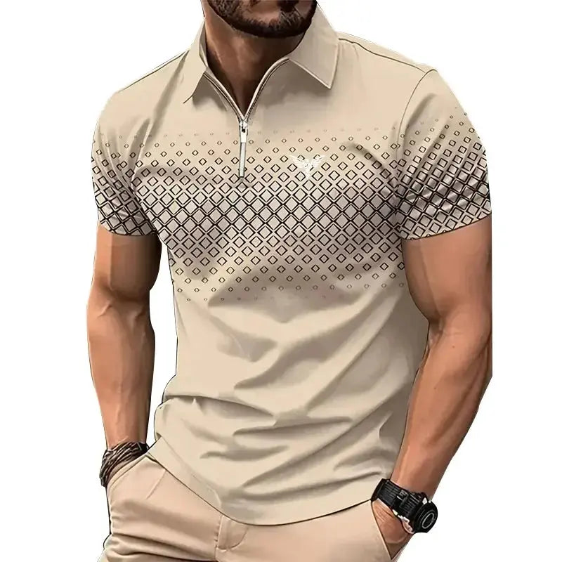 Men’s Summer Sporty Short Sleeve Polo Shirt – Casual Lapel Zipper, Printed Quick-Dry Polyester Top  Adomoo