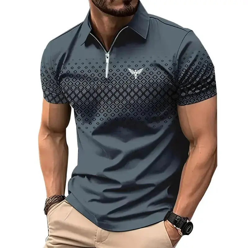 Men’s Summer Sporty Short Sleeve Polo Shirt – Casual Lapel Zipper, Printed Quick-Dry Polyester Top  Adomoo