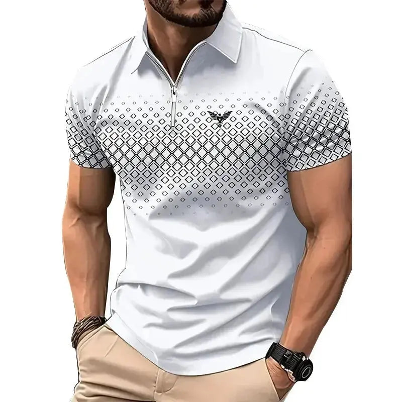 Men’s Summer Sporty Short Sleeve Polo Shirt – Casual Lapel Zipper, Printed Quick-Dry Polyester Top  Adomoo