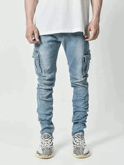 Mens Stretch Jeans Black Big Side Pockets Cargo Jeans Fashion Zipper Small Foot Denim Pants Elastic Jogging Trousers Streetwear Dropshipman