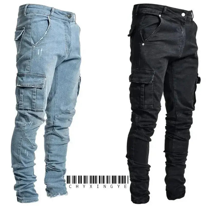 Men's Black Stretch Cargo Jeans – Zipper Pockets, Slim Fit Streetwear  Adomoo
