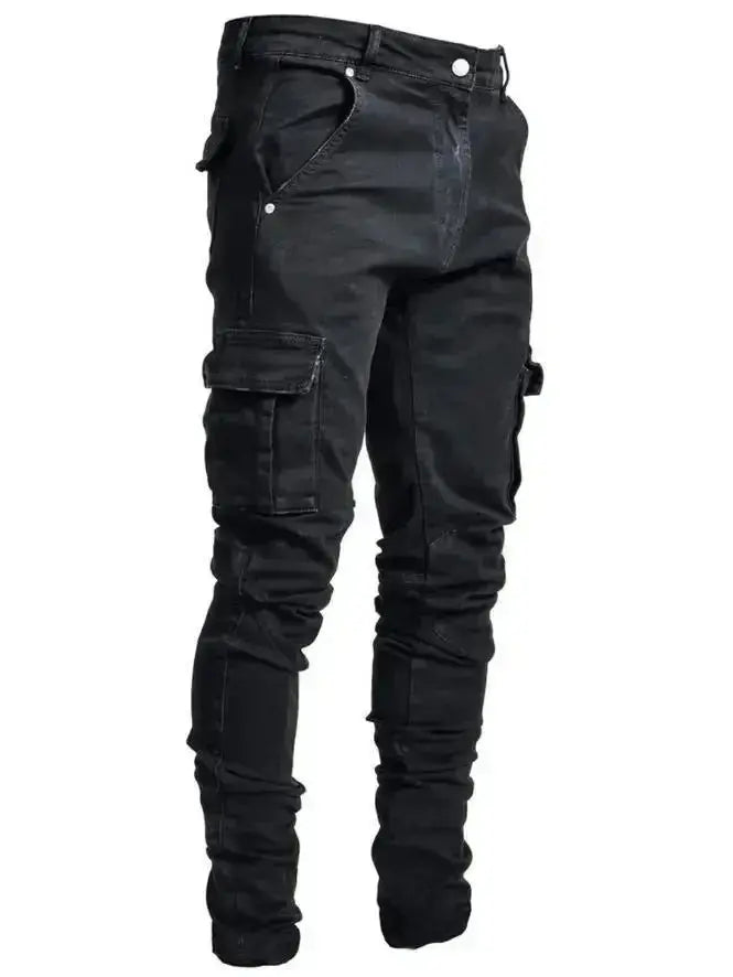 Men's Black Stretch Cargo Jeans – Zipper Pockets, Slim Fit Streetwear  Adomoo