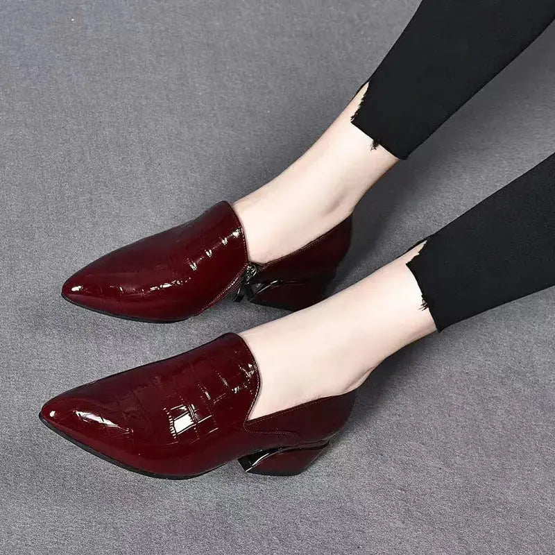 New Genuine Leather Pointed-toe Chunky Heel Shoes Women  Adomoo