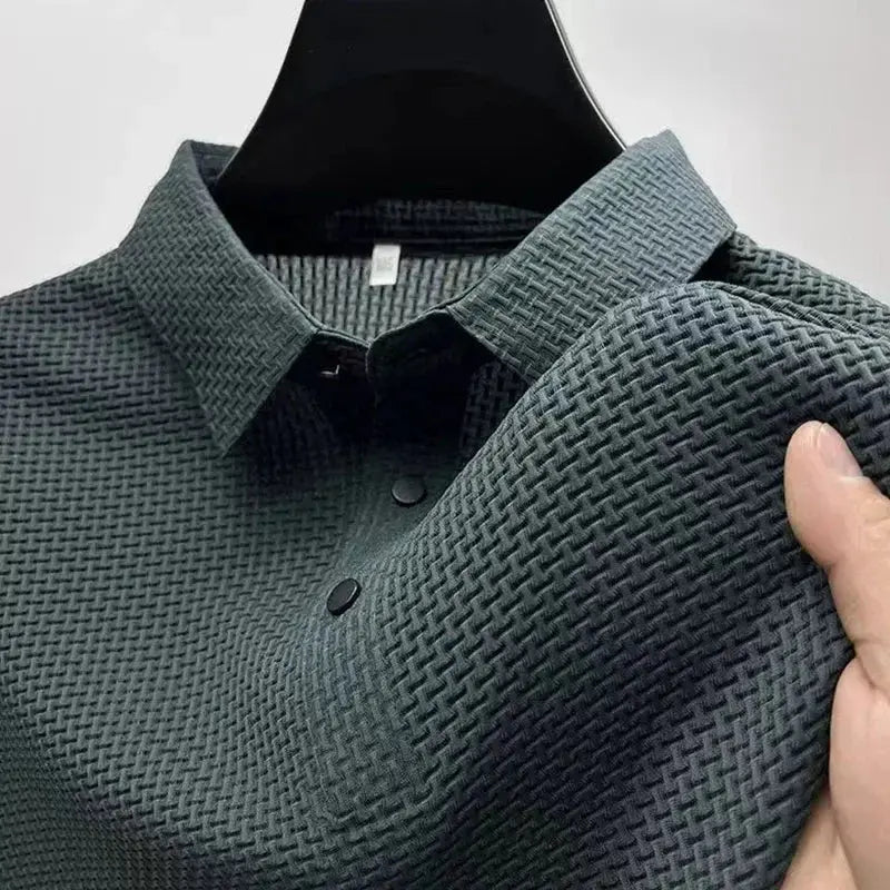 New Men’s Business Casual Short Sleeve Polo Shirt – Bone Flower Solid Color, Breathable & Comfortable Summer Top  Adomoo