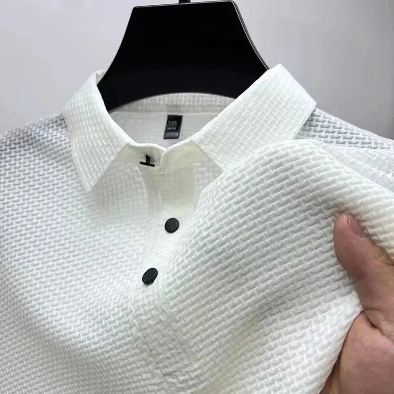 New Men’s Business Casual Short Sleeve Polo Shirt – Bone Flower Solid Color, Breathable & Comfortable Summer Top  Adomoo