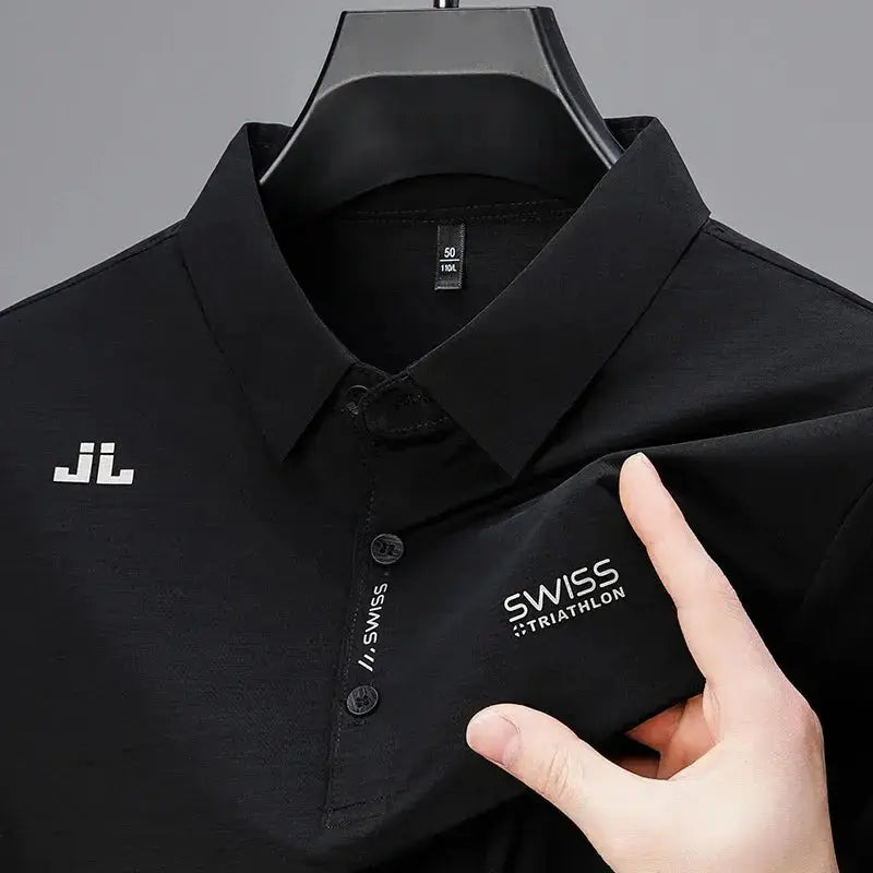 New Men's Casual Short Sleeved Shirt with Badge Solid Color Polo Shirt Versatile Top  Adomoo