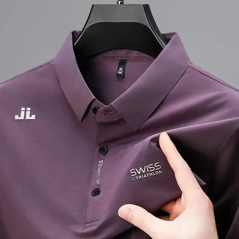 New Men's Casual Short Sleeved Shirt with Badge Solid Color Polo Shirt Versatile Top  Adomoo
