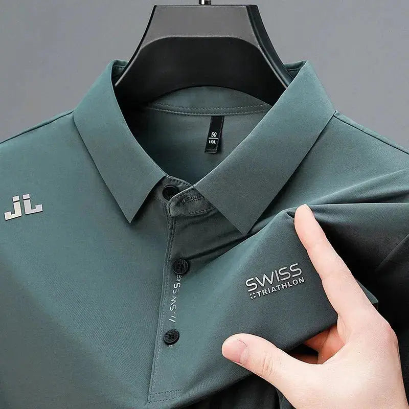 New Men's Casual Short Sleeved Shirt with Badge Solid Color Polo Shirt Versatile Top  Adomoo
