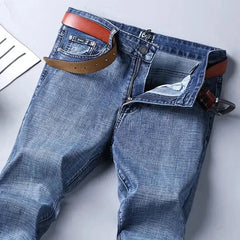 Men's Classic Business Jeans – Regular Straight Stretch Denim (Blue)  Adomoo