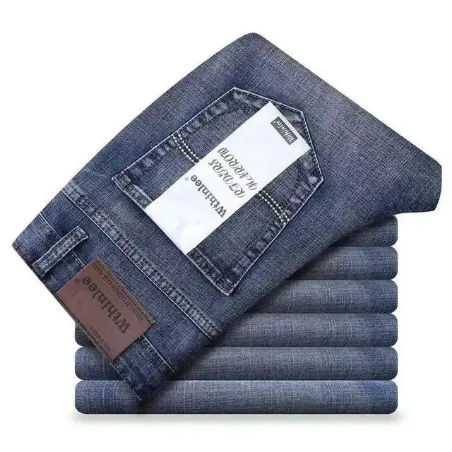 Men's Classic Business Jeans – Regular Straight Stretch Denim (Blue)  Adomoo