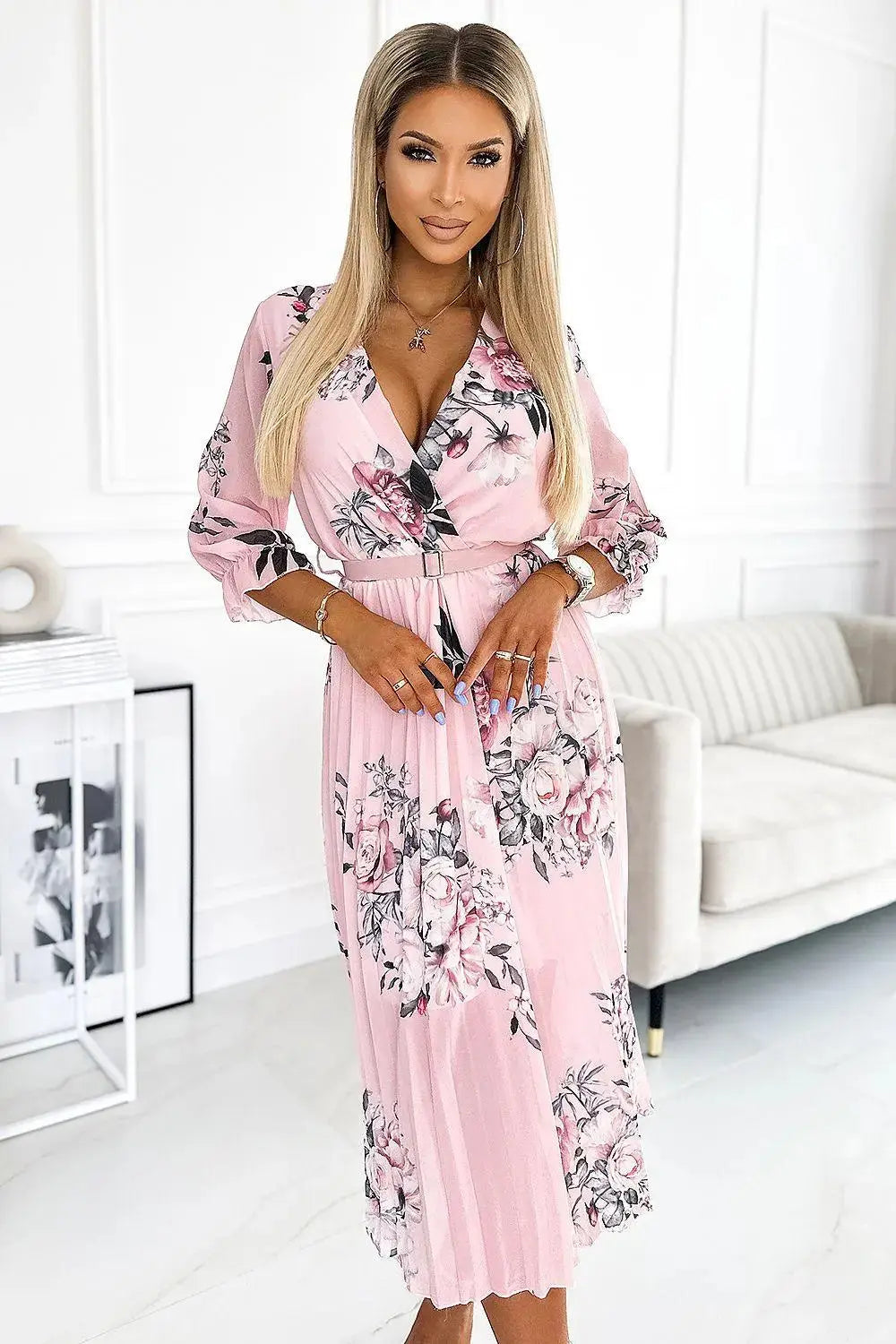 Numoco chiffon pleated midi cocktail dress with neckline and belt  Adomoo