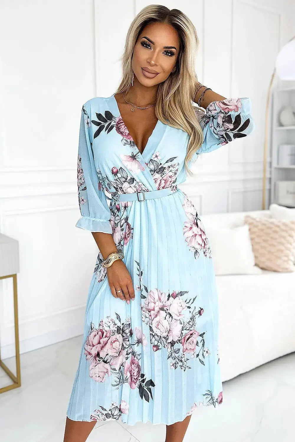 Numoco chiffon pleated midi cocktail dress with neckline and belt  Adomoo