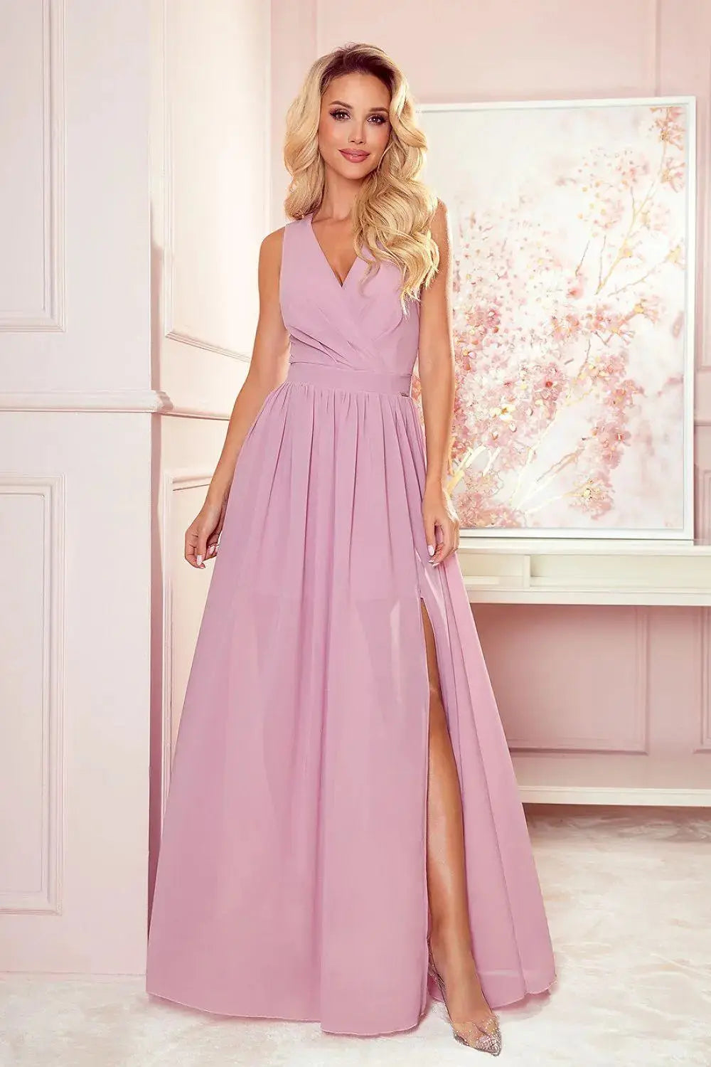 Numoco justine maxi long gown with neckline, leg slit and back tie  Adomoo