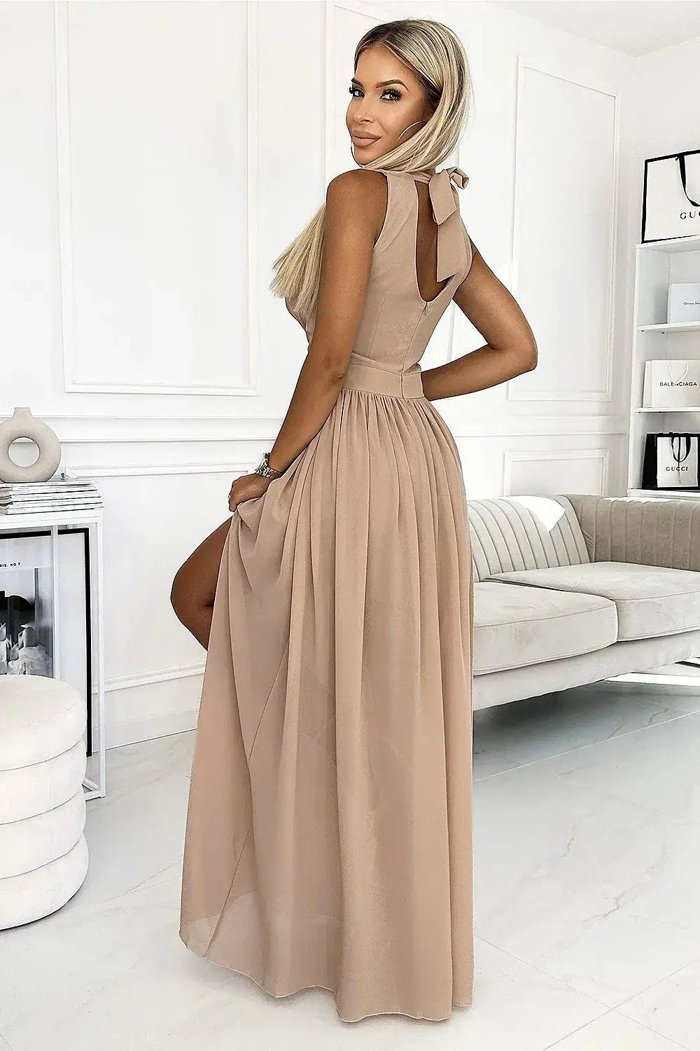 Numoco justine maxi long gown with neckline, leg slit and back tie  Adomoo