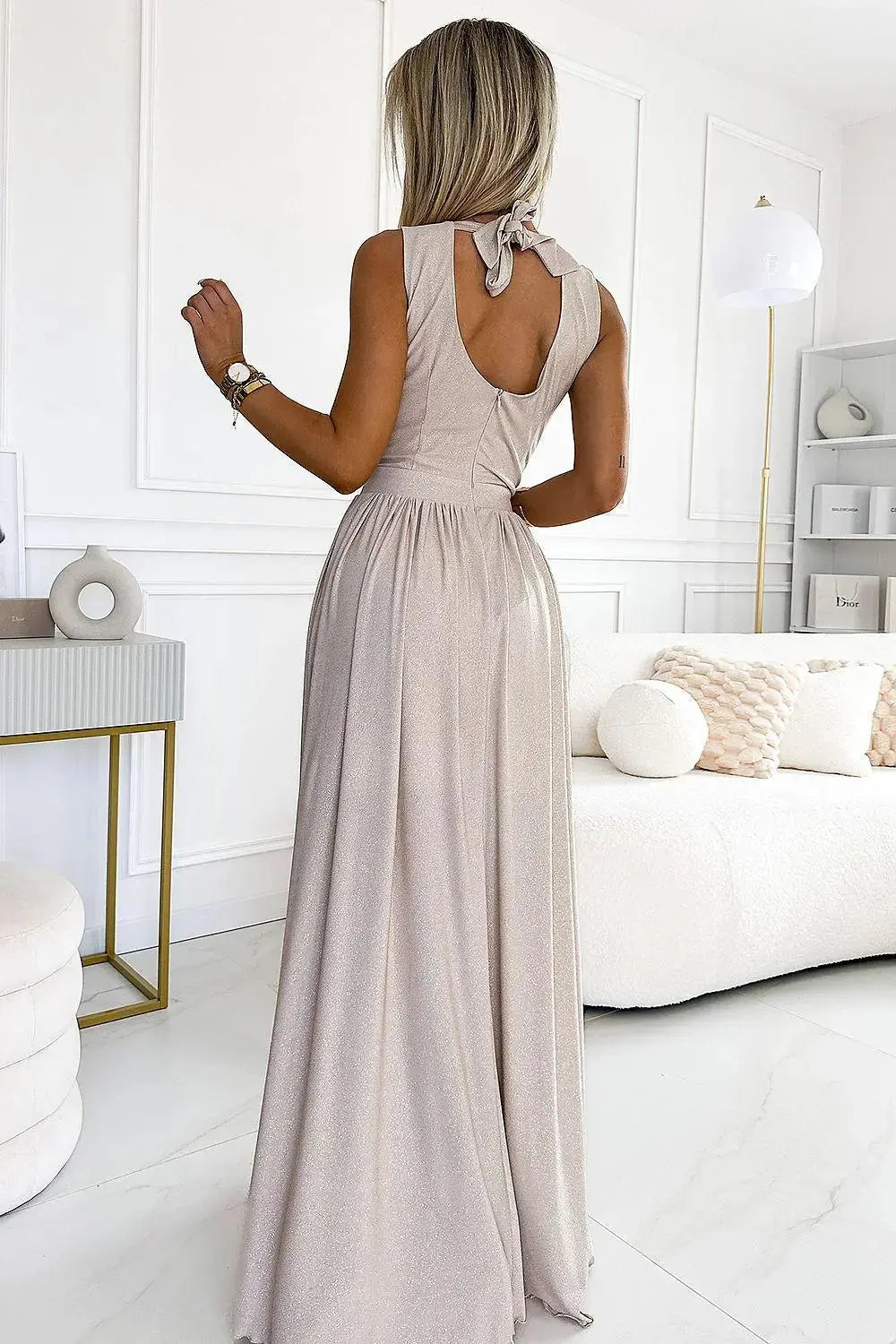 Numoco justine maxi long gown with neckline, leg slit and back tie  Adomoo
