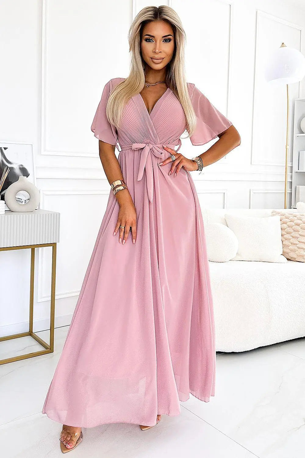Numoco long chiffon cocktail dress with pleated neckline, tie and short sleeve  Adomoo