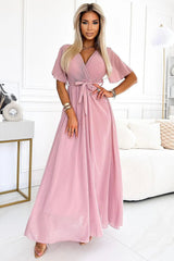 Numoco long chiffon cocktail dress with pleated neckline, tie and short sleeve  Adomoo