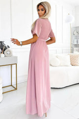 Numoco long chiffon cocktail dress with pleated neckline, tie and short sleeve  Adomoo
