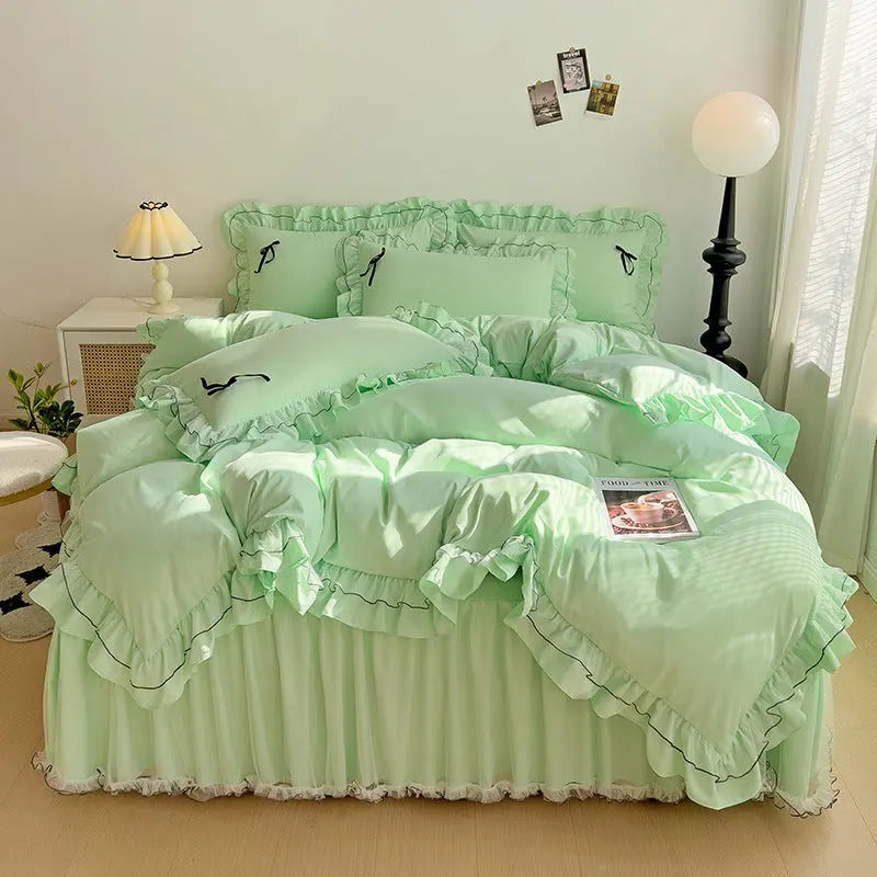 Mesh Lace Bow Bed Skirt Double-bed Four-piece Suit  Adomoo