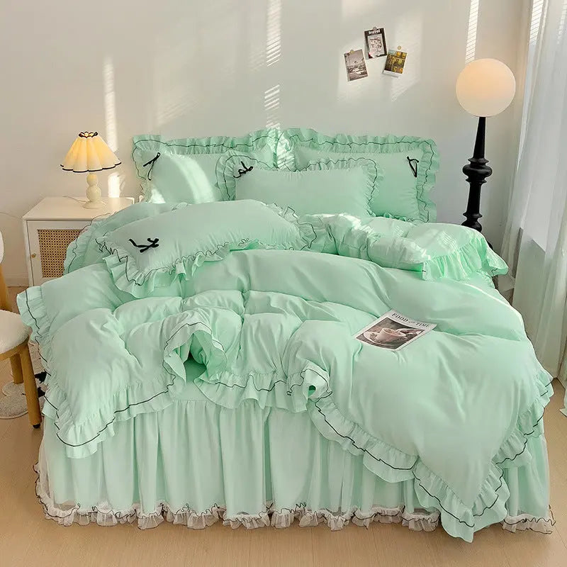 Mesh Lace Bow Bed Skirt Double-bed Four-piece Suit  Adomoo