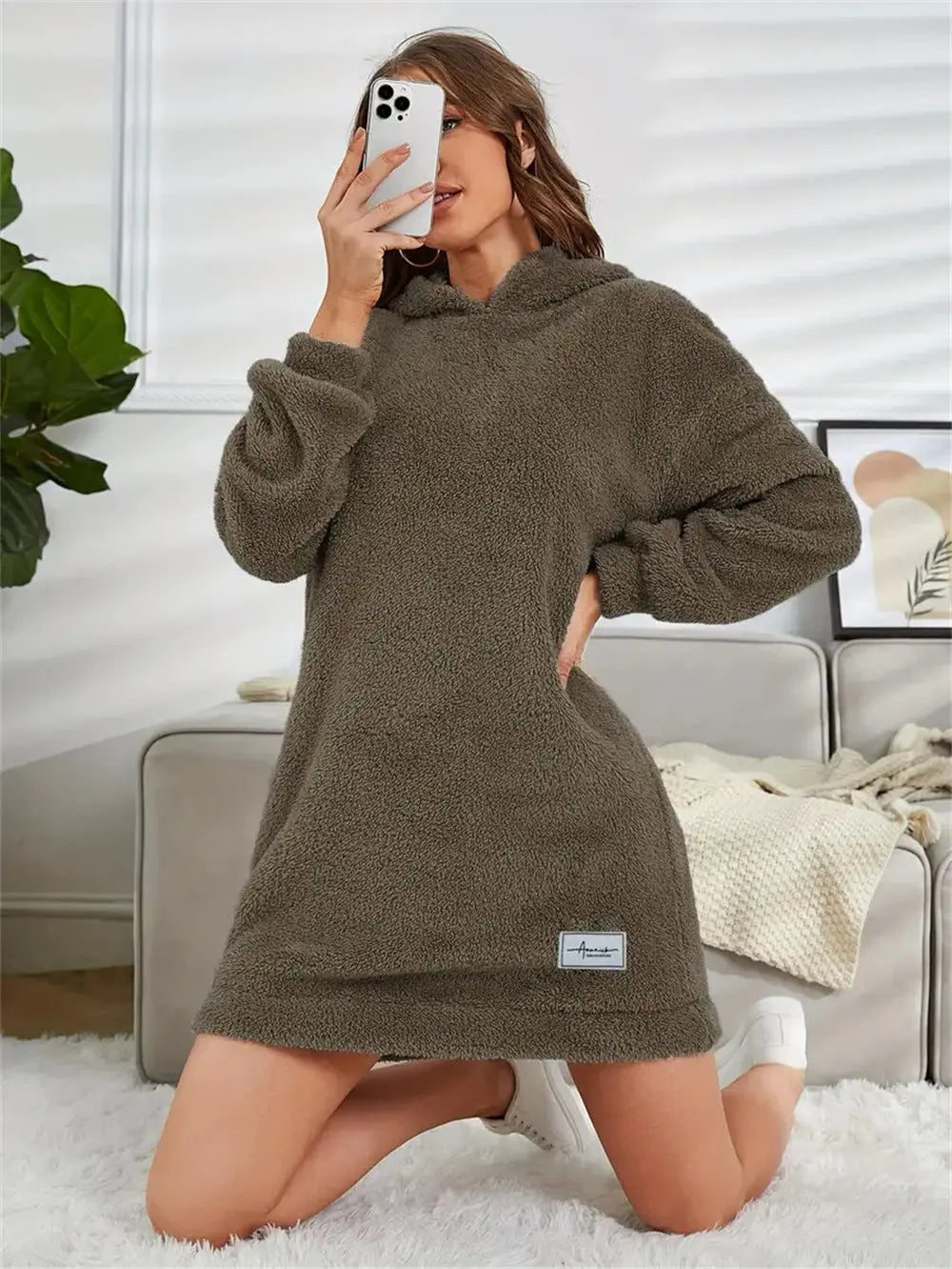 Women's Hooded Long Sleeve Plush Dress  Adomoo