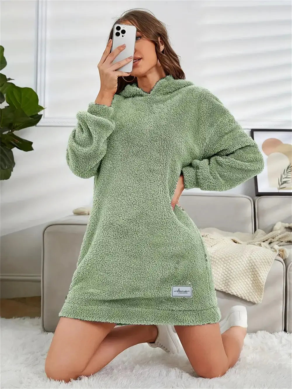 Women's Hooded Long Sleeve Plush Dress  Adomoo