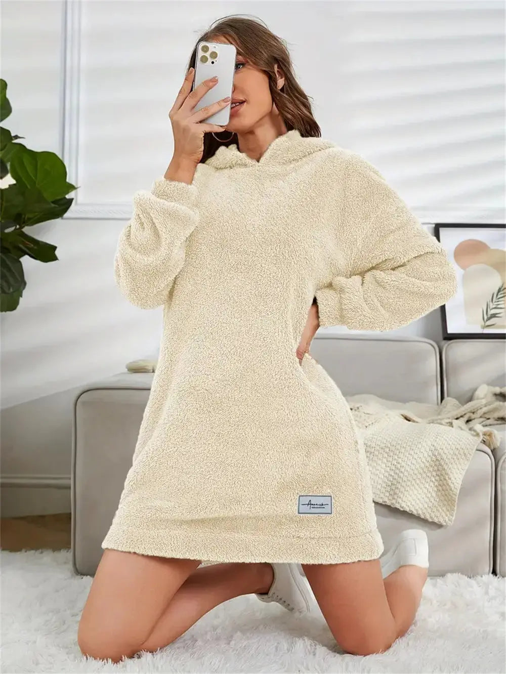 Women's Hooded Long Sleeve Plush Dress  Adomoo