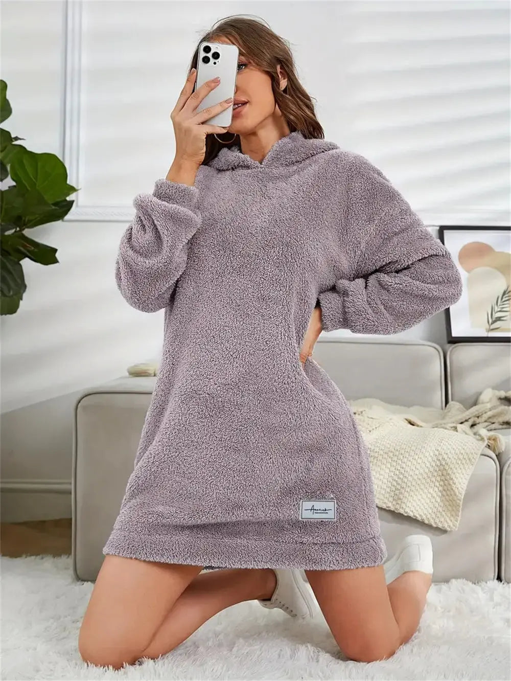 Women's Hooded Long Sleeve Plush Dress  Adomoo